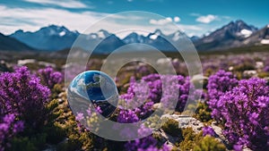 purple and green vegetation, rocky mountains, and a blue sky. and a small earth like planet resting in the flowers