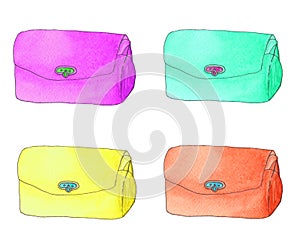 Purple, green, yellow, orange bags.Various clutch bag.