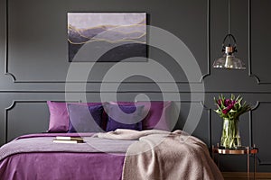 Purple and grey bedroom interior