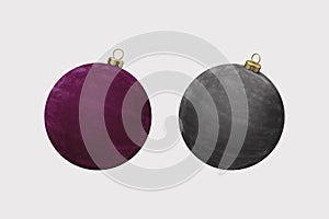 Purple and Grey Xmas balls isolated over white background. Xmas Balls with velvet and velours texture.