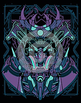 Purple gundam transformer robot warrior head masker cyberpunk background for t-shirt poster sticker design