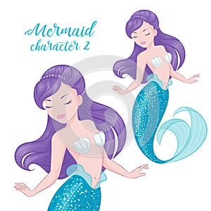 Purple hair mermaid. Cute Mermaid for textile, bags or kids fashion artworks, children books. Fashion illustration drawing in