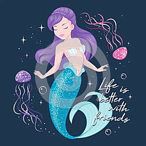 Purple hair mermaid on a dark background. Cute Mermaid with jellyfish, for t shirts or kids fashion artworks, children books.