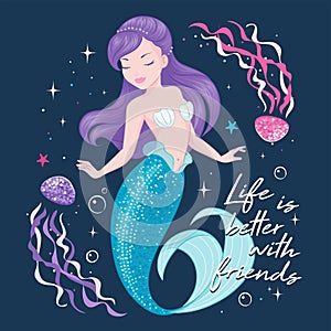 Purple hair mermaid on a dark background. Cute Mermaid with jellyfish, for t shirts or kids fashion artworks, children books.