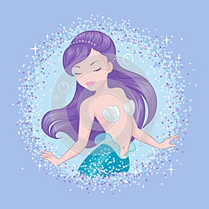 Purple hair mermaid on lilac background. Cute Mermaid in glitter frame for t shirts or kids fashion artworks, children books.