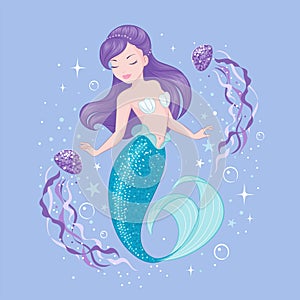 Purple hair mermaid on lilac background. Cute Mermaid with jellyfish, for t shirts or kids fashion artworks, children books.