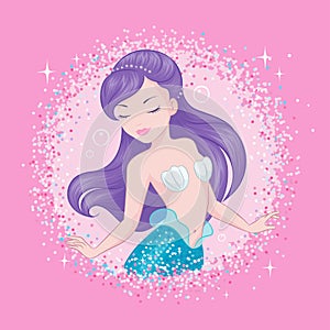 Purple hair mermaid on pink background. Cute Mermaid in glitter frame for t shirts or kids fashion artworks, children books.