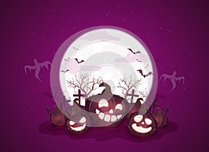 Purple Halloween Background with Moon and Pumpkins