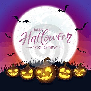 Purple Halloween Background with Pumpkins and Moon
