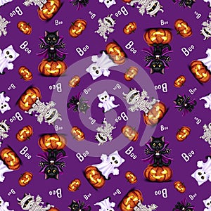 Purple Halloween pattern with ghosts, mummies, vampires, pumpkins and Boo