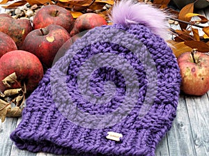Purple Handknit winter hat with apples