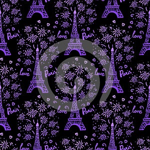 Purple Happy New Year in Paris seamless pattern. Vector illustration ink Eiffel Tower with salute