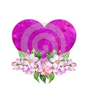 Purple Heart With An Apple Flowers Hand Drawn Illustration. Wedding Concept