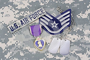 Purple Heart award with dog tags on US AIR FORCE uniform