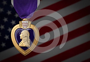Purple Heart Miltary Merit Medal Against Darkened American Flag