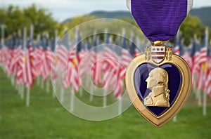 Purple Heart Miltary Merit Medal Against Memorial Field of American Flags