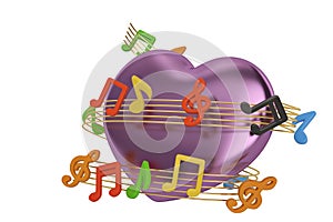 Purple heart and music notes.3D illustration.