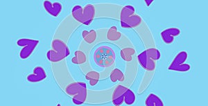 Purple hearts surrounding a pattern spehere, Mandala art.