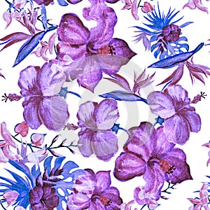 Purple Hibiscus Background. Blue Flower Plant. Violet Seamless Painting. Watercolor Backdrop. Pattern Garden. Indigo Tropical Prin