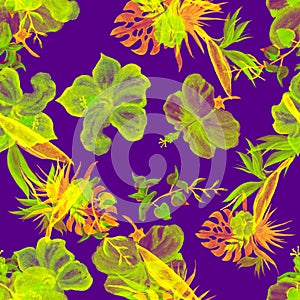 Purple Hibiscus Set. Orange Flower Leaf. Yellow Seamless Leaf. Green Watercolor Backdrop. Neon Pattern Illustration. Vanilla Tropi