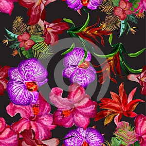 Purple Hibiscus Texture. Green Flower Painting. Pink Watercolor Texture. Red Floral Backdrop. Orange Seamless Set. Colorful Patter