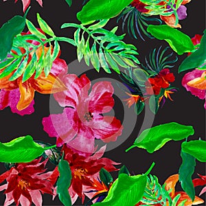 Purple Hibiscus Texture. Yellow Flower Design. Red Watercolor Plant. Green Floral Backdrop. Colorful Seamless Leaves. Pink Pattern