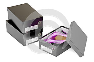 Purple high heel shoes and black shoeboxes, 3D rendering