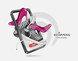 Purple high heels and black sneakers or canvas shoes floated out of the smartphone screen