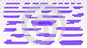 Purple highlighter lines set isolated on transparent background. Marker pen highlight underline strokes. Vector hand