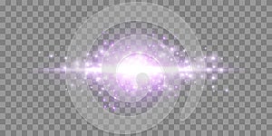 Purple horizontal lensflare and particles. Light flash with rays or violet spotlight and sparkles. Glow flare light photo