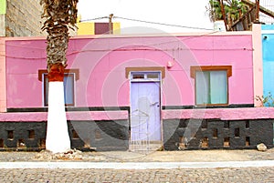 Purple house facade street palm trees, Cabo Verde photo