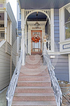 Purple house with holloween ornaments at the doorsteps at San Francisco, California