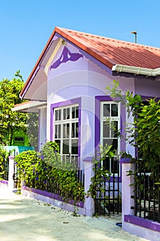 Purple house with white wooden windows under a red roof against a blue sky.