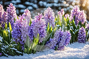 Purple hyacinths growing on the snow-covered ground