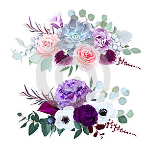 Purple hydrangea, carnation, bell flower, pink rose, anthurium,