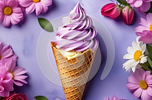 Purple ice cream cone with pink flowers, a beautiful cake decorating combination