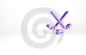 Purple Ice hockey sticks and puck icon isolated on white background. Game start. Minimalism concept. 3d illustration 3D