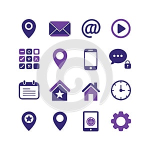 Assorted purple icon set on white background, services and navigation