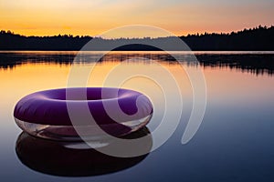 Purple inflatable swimming ring on top of still lake water surface at sunset. Rubber rescue wheel and colourful evening sky and