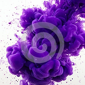 Purple ink swirling in water, creating fluid, abstract shapes against a white photo