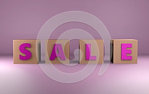Purple inscription Sale on beige cubes, soft light, smooth pink background, 3d rendering