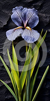 Purple Iris On Black Stone: Nature-inspired Tabletop Photography