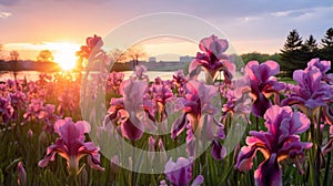 Purple Iris Blooming On Parkland At Sunset