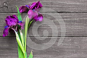 Purple iris flowers mockup on dark rustic wood background for creative work design. top view