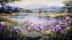 Purple Irises And Mountainous Lakes: Captivating Realistic Landscapes