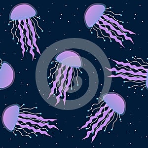 Purple jellyfish on a dark blue background seamless pattern underwater sea medusa fluorescent srar vector