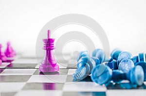 Purple king knocked down blue team in a chessboard photo