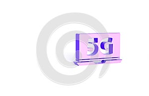 Purple Laptop with 5G new wireless internet wifi icon isolated on white background. Global network high speed connection