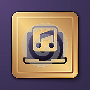 Purple Laptop with music note symbol on screen icon isolated on purple background. Gold square button. Vector