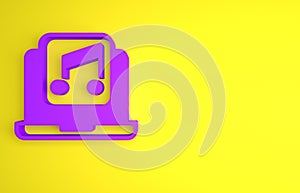 Purple Laptop with music note symbol on screen icon isolated on yellow background. Minimalism concept. 3D render